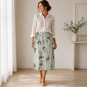 Vintage Chelsea Campbell Silk Midi Skirt Size 14 Sage Green Floral Feminine